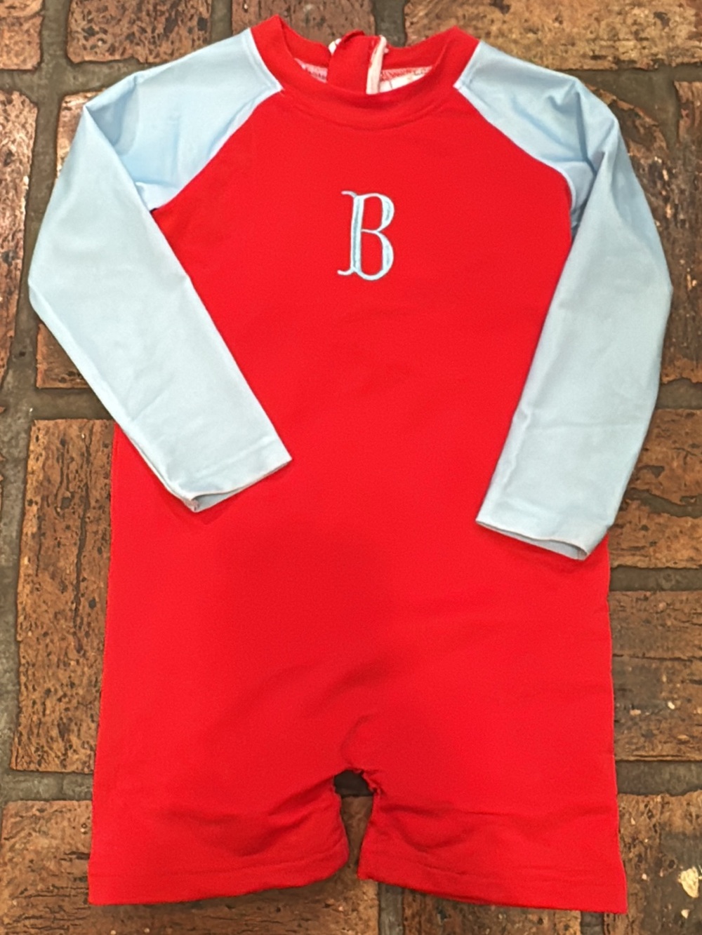 Monogrammed Red & Light Blue Rashguard One-Piece